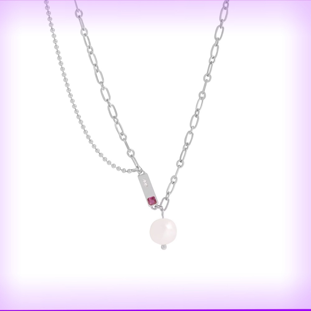 Freshwater Pearl Double Overlap Chain Necklace Rhodium Plated
